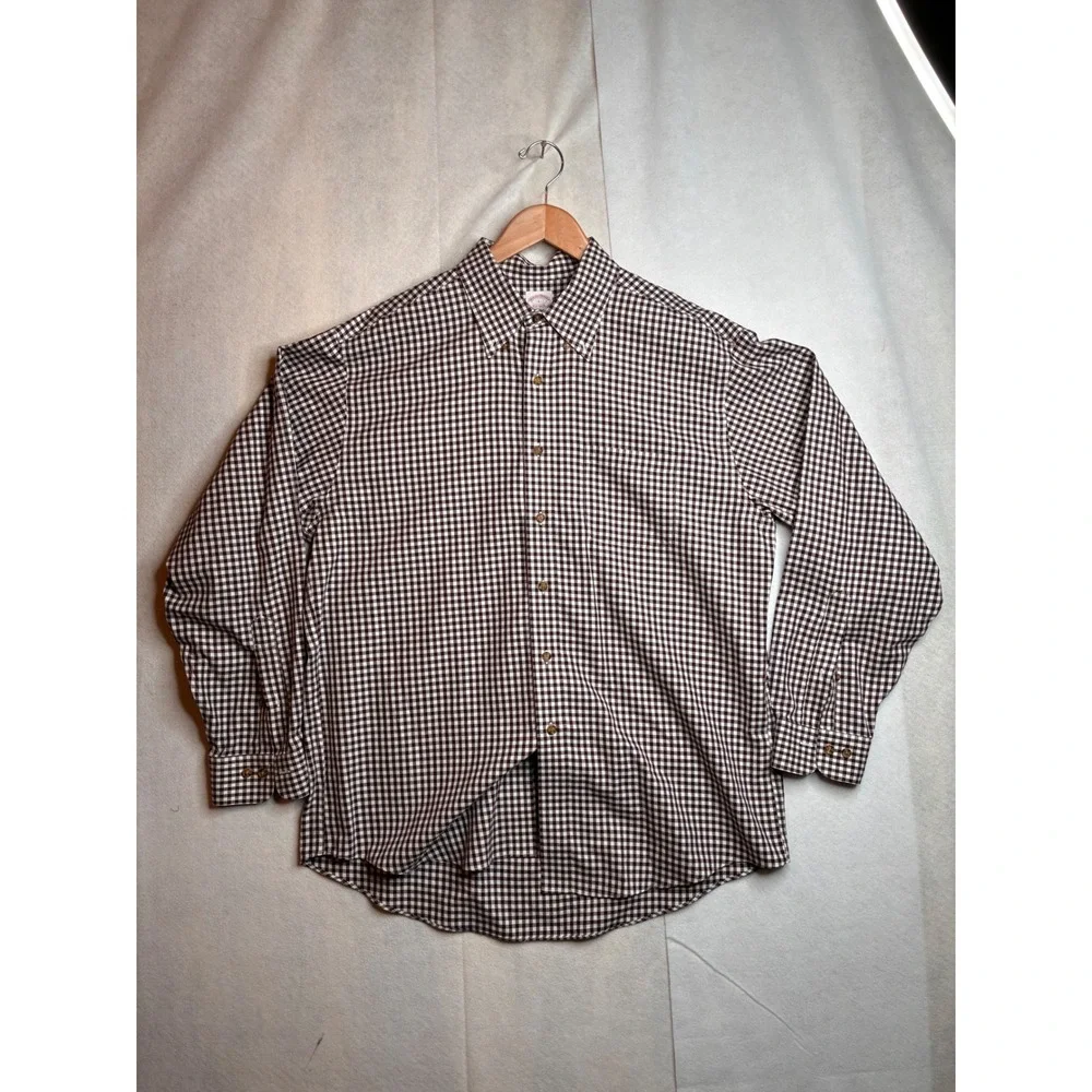 Brooks Brothers Non-Iron‎ Button Down Shirt Mens L Regular Fit Gingham Burgundy